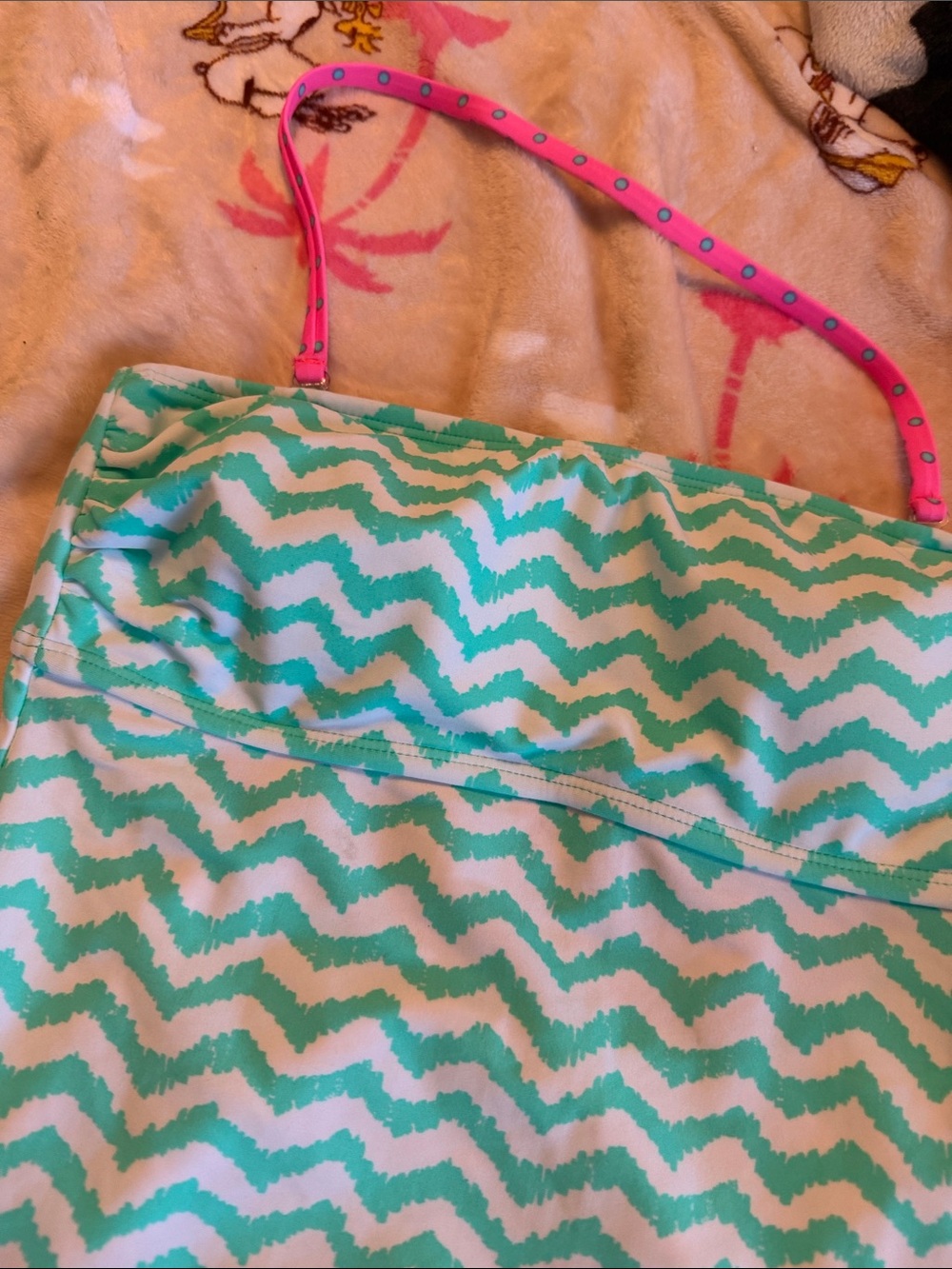 Y2K Arizona Jean Co Small Turquoise Chevron Tankini Top Pink Polka Dot Trim - Picture 2 of 8